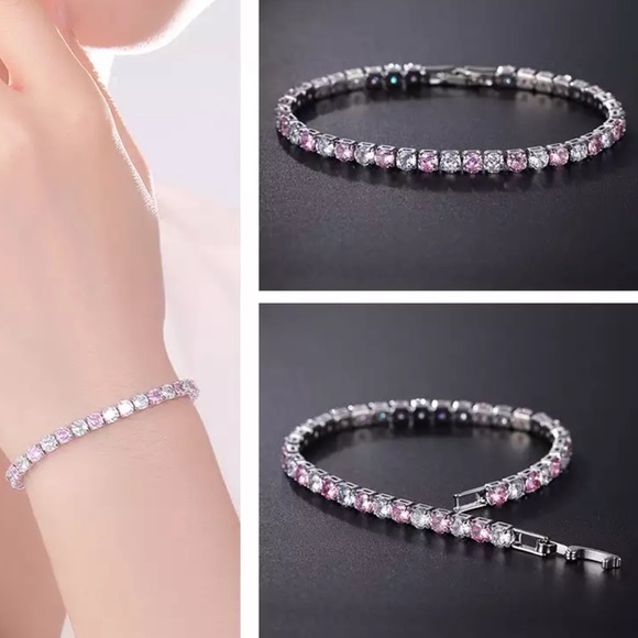 Fashion Jewelry Jewelry - Tennis bracelet pink & clear diamond silver clasp closure shiny sparkly y2k